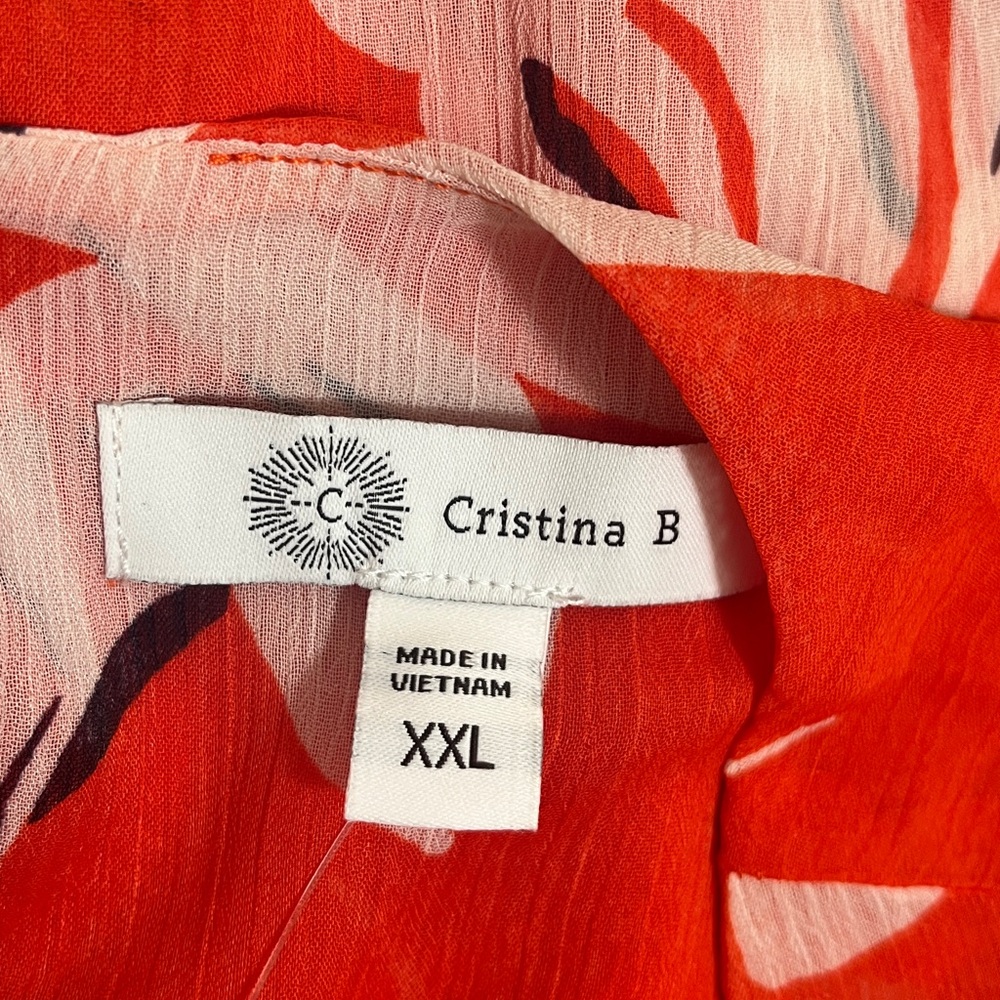 NWT Cristina B Cherry Tomato Red White Floral Sleeveless Semi-Sheer Blouse - Picture 7 of 11